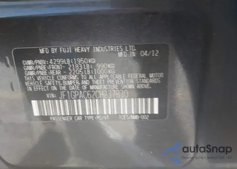 2012 Subaru Impreza 2.0I Premium из США, поврежденный, VIN JF1GPAC62CH237830